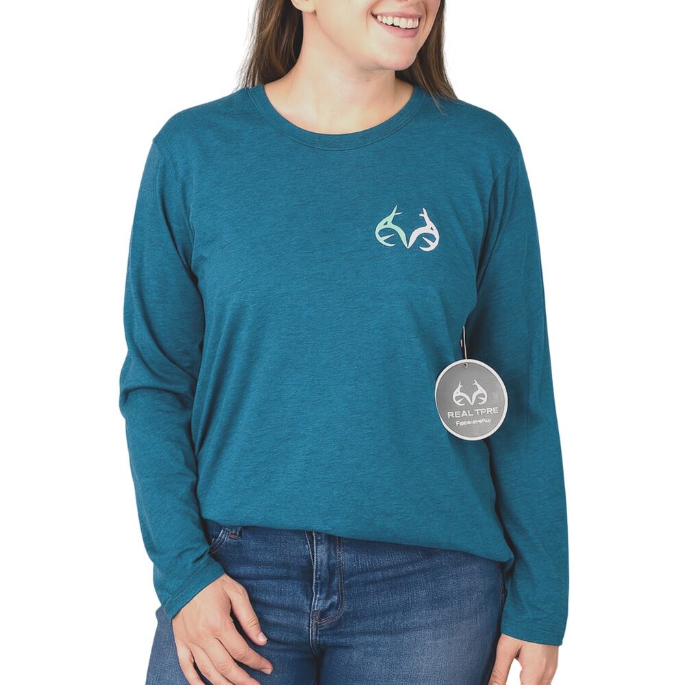 NWT Realtree Women’s XL Long Sleeve T-Shirt Teal Blue Deer Antlers Logo Hunting
